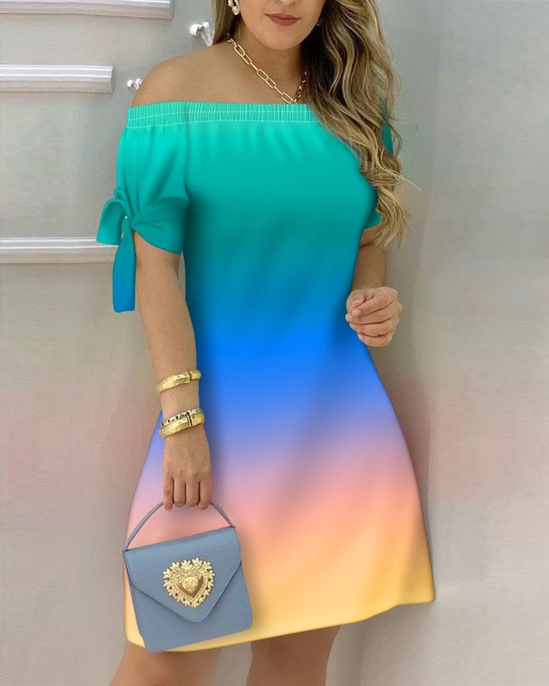 Women Off Shoulder Summer Mini Dress Short Sleeve Bow Tie Striped Plaid Floral Vestidos