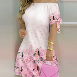 Women Off Shoulder Summer Mini Dress Short Sleeve Bow Tie Striped Plaid Floral Vestidos