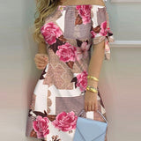 Women Off Shoulder Summer Mini Dress Short Sleeve Bow Tie Striped Plaid Floral Vestidos