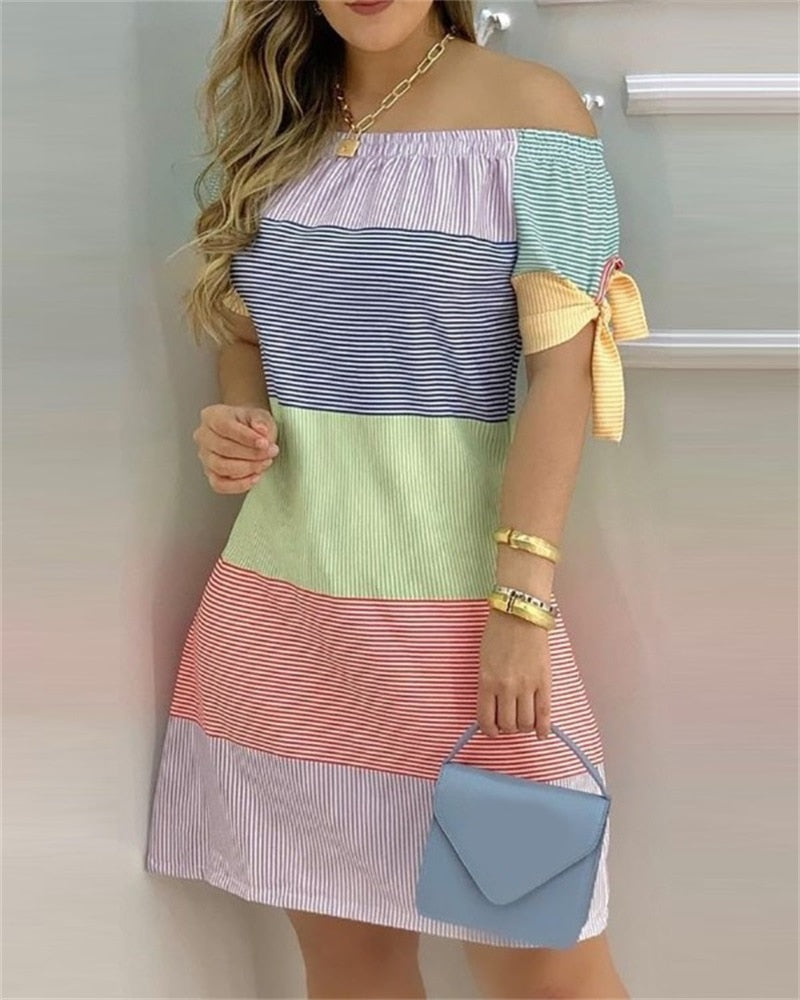 Women Off Shoulder Summer Mini Dress Short Sleeve Bow Tie Striped Plaid Floral Vestidos