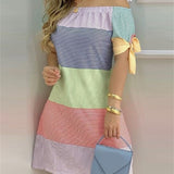 Women Off Shoulder Summer Mini Dress Short Sleeve Bow Tie Striped Plaid Floral Vestidos