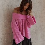 Women Oversize Sexy Slash Neck Loose Off Shoulder Wide Sleeves Knitted Sweater