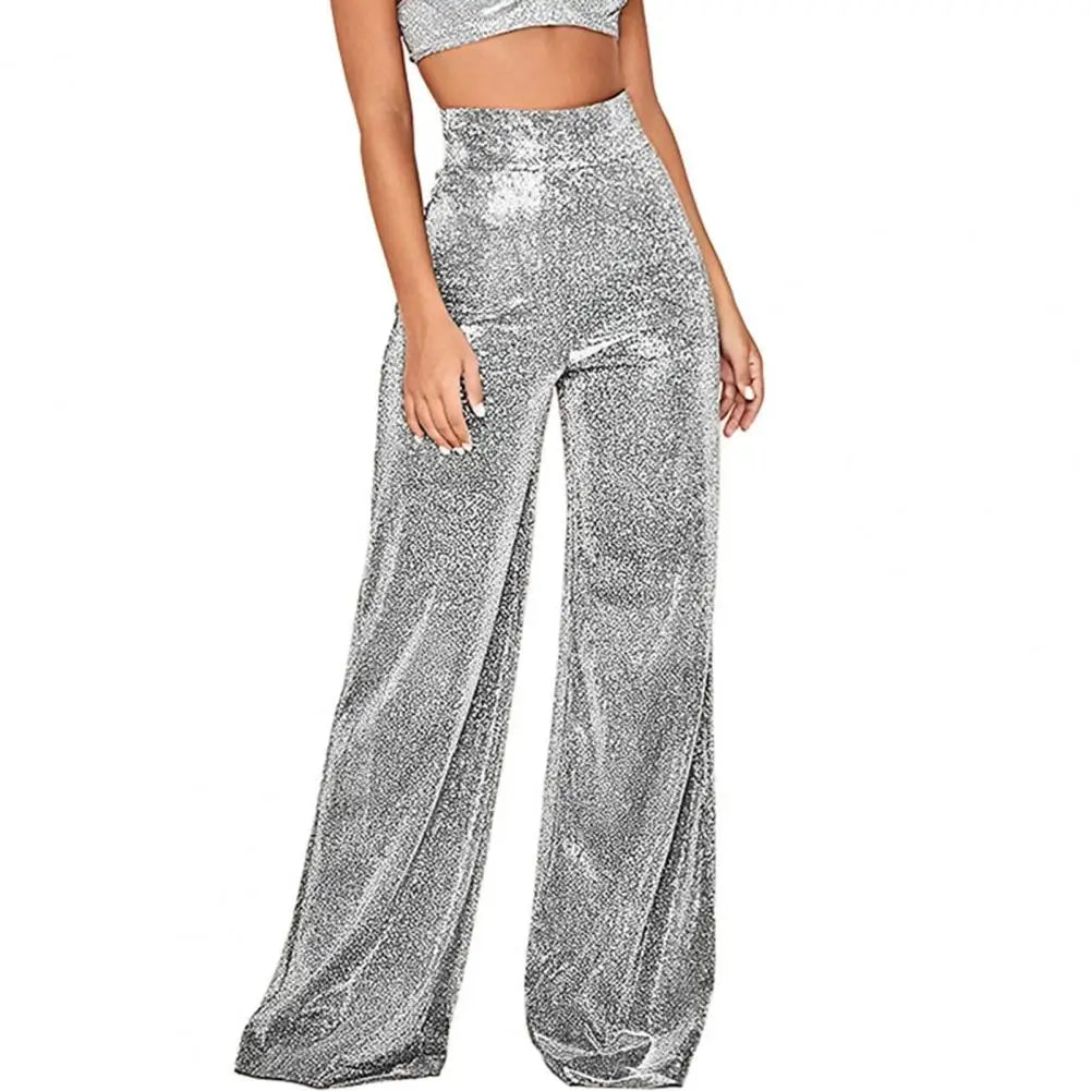 Waist Elastic Waistband Straight Full Length Club Night Sequins Loose Wide Leg Female Trouser