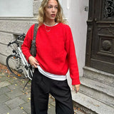 Women Red Loose Knitted Sweater Fashion Crew Neck Long Sleeve Sweater