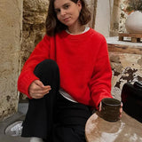 Women Red Loose Knitted Sweater Fashion Crew Neck Long Sleeve Sweater