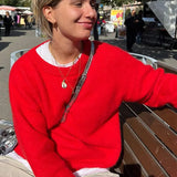 Women Red Loose Knitted Sweater Fashion Crew Neck Long Sleeve Sweater