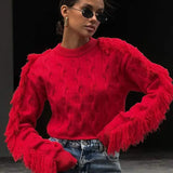 Women Red Tassels Patchwork Elegant O Neck Long Sleeves Loose Short Chic Ladies Sweater