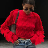 Women Red Tassels Patchwork Elegant O Neck Long Sleeves Loose Short Chic Ladies Sweater