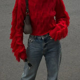 Women Red Tassels Patchwork Elegant O Neck Long Sleeves Loose Short Chic Ladies Sweater