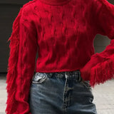 Women Red Tassels Patchwork Elegant O Neck Long Sleeves Loose Short Chic Ladies Sweater