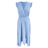 Women's Clothing Free Shipping Sleeve Wrap V Neck Ruffle Dot Ruffle Slit Flowy Boho Dress