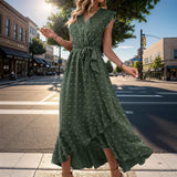 Women's Clothing Free Shipping Sleeve Wrap V Neck Ruffle Dot Ruffle Slit Flowy Boho Dress