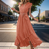 Women's Clothing Free Shipping Sleeve Wrap V Neck Ruffle Dot Ruffle Slit Flowy Boho Dress
