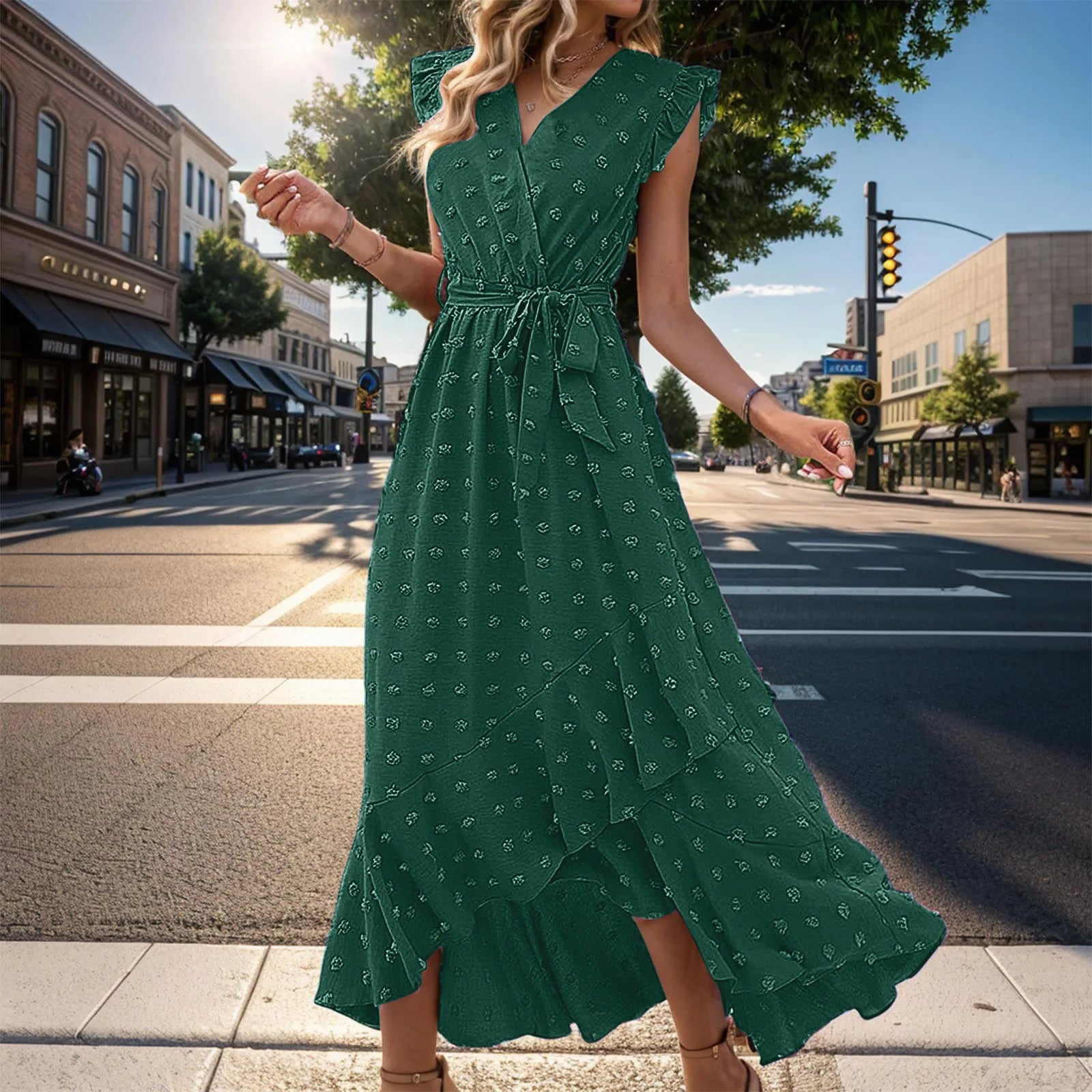 Women's Clothing Free Shipping Sleeve Wrap V Neck Ruffle Dot Ruffle Slit Flowy Boho Dress