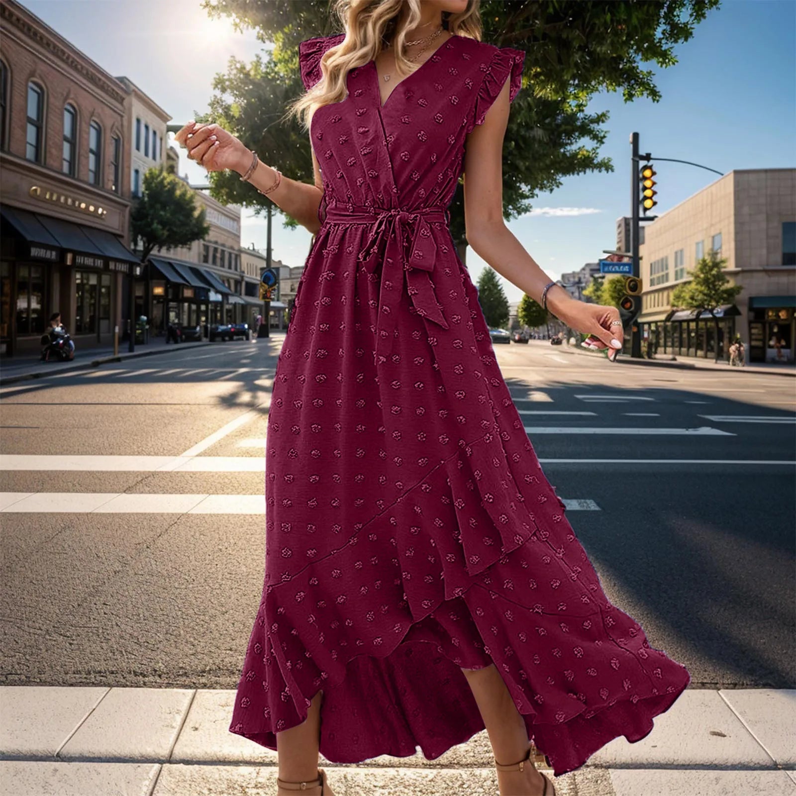 Women's Clothing Free Shipping Sleeve Wrap V Neck Ruffle Dot Ruffle Slit Flowy Boho Dress