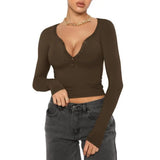 Women V Neck Long Sleeve Slim Button Neckline Crop Top