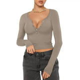 Women V Neck Long Sleeve Slim Button Neckline Crop Top