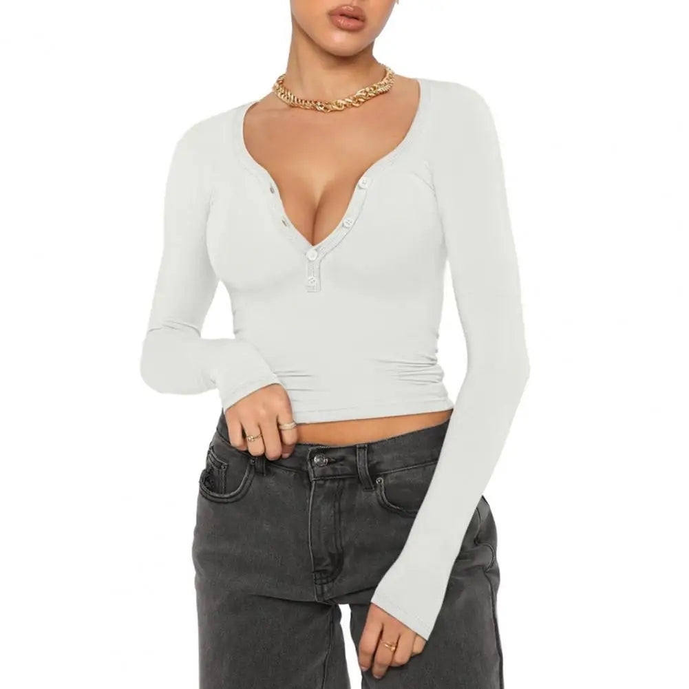 Women V Neck Long Sleeve Slim Button Neckline Crop Top