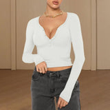 Women V Neck Long Sleeve Slim Button Neckline Crop Top