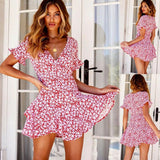 Women Short Sleeve V-Neck Wrap Boho Floral Mini Dress Fashion Ladies High Waist Holiday Summer Beach Sundress