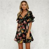 Women Short Sleeve Wrap Boho Floral Mini Dress Ladies Summer Party Beach Casual V-Neck Short Sundress Holiday