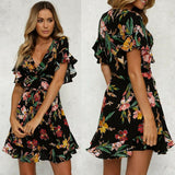 Women Short Sleeve Wrap Boho Floral Mini Dress Ladies Summer Party Beach Casual V-Neck Short Sundress Holiday