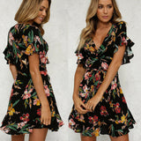 Women Short Sleeve Wrap Boho Floral Mini Dress Ladies Summer Party Beach Casual V-Neck Short Sundress Holiday