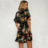 Women Short Sleeve Wrap Boho Floral Mini Dress Ladies Summer Party Beach Casual V-Neck Short Sundress Holiday