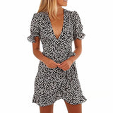 Women Short Sleeve Wrap Boho Floral Short Mini Dress Party Evening Summer Beach Ladies Casual Holiday Sundress