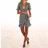 Women Short Sleeve Wrap Boho Floral Short Mini Dress Party Evening Summer Beach Ladies Casual Holiday Sundress