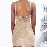Women Sleeveless Backless Dress Evening Party Summer Sheath Sequins Bodycon Clubwear Short Mini Dresses Gold Black Pink