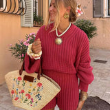 Women Solid Round Neck Knitted Shorts Suit Elegant Long Lantern Sleeve Sweater