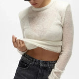Women Solid Round Neck Thin Elegant Long Sleeve Bodycon Autumn Fashion Commuting Sweater