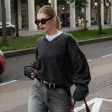 Women Solid V Neck Knitted Loose Pullover Fashion Long Sleeves Thick Sweater