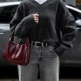 Women Solid V Neck Knitted Loose Pullover Fashion Long Sleeves Thick Sweater