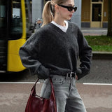 Women Solid V Neck Knitted Loose Pullover Fashion Long Sleeves Thick Sweater