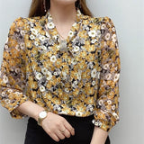 Spring Autumn Casual Chiffon Bow Tie Collar Flower Printed Blouse