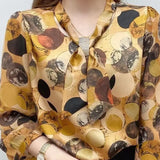 Spring Autumn Casual Chiffon Bow Tie Collar Flower Printed Blouse