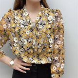 Spring Autumn Casual Chiffon Bow Tie Collar Flower Printed Blouse