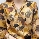 Spring Autumn Casual Chiffon Bow Tie Collar Flower Printed Blouse