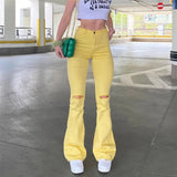 Women Stretch Yellow Ripped Hips Strap Bell Bottom Trouser