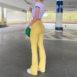 Women Stretch Yellow Ripped Hips Strap Bell Bottom Trouser