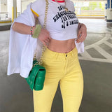 Women Stretch Yellow Ripped Hips Strap Bell Bottom Trouser