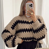 Women Striped Print Knitted Short Pullover Fashion O Neck Lantern Long Sleeve Sweater