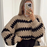 Women Striped Print Knitted Short Pullover Fashion O Neck Lantern Long Sleeve Sweater