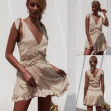 Women Summer Boho Casual Sleeveless Sexy Ladies Deep V-Neck Falbala Party Casual Beach Mini Dress Sundress