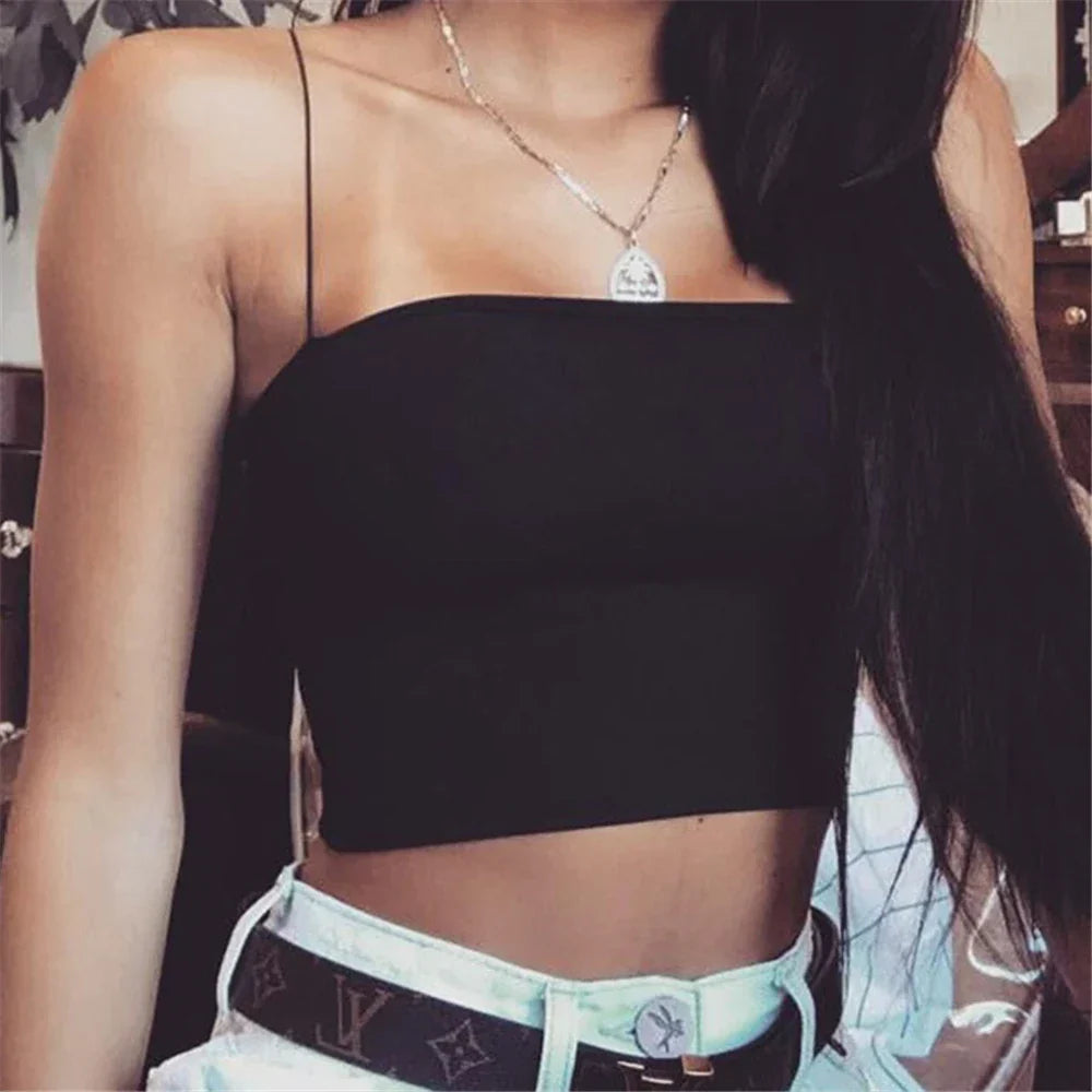 Summer Solid Halter Sleeveless Spaghetti Strap Fashion Basic Crop Tops