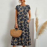 Women Summer Fashion Style Short Sleeve Print O-neck Fold with Pockets Midi Dress