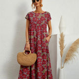 Women Summer Fashion Style Short Sleeve Print O-neck Fold with Pockets Midi Dress