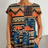 Women Summer Fashion Style Short Sleeve Print O-neck Fold with Pockets Midi Dress